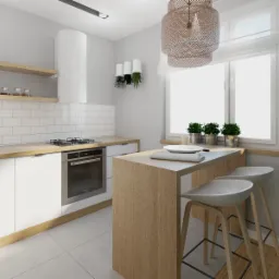 Wizualizacja nowoczesnej kuchni z białymi szafkami, drewnianymi blatami i barkiem z hokerami, oświetlonej wiszącą lampą z plecionki i naturalnym światłem z okna, na parapecie którego stoją doniczki...