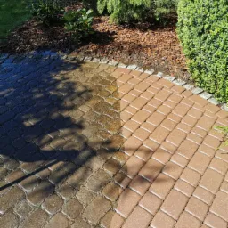 Częściowo wyczyszczona kostka brukowa na podjeździe, widoczna różnica w kolorze i czystości, obok rabata z krzewami i korą.