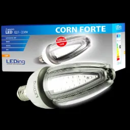 Żarówka LED Corn Forte E27-230V, 1200lm, 10W na tle opakowania, widoczne detale konstrukcyjne i specyfikacja techniczna.
