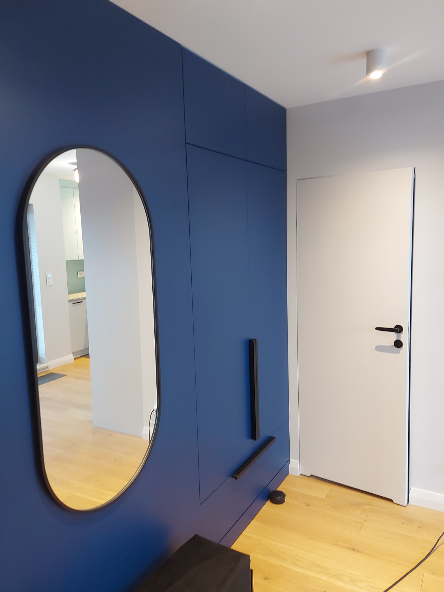Niebieska zabudowa meblowa z lustrem w przedpokoju, widoczna biała ściana i drzwi, parkiet na podłodze.