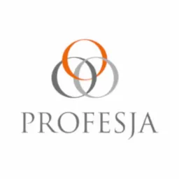 Logo firmy PROFESJA: trzy splecione koła (dwa szare, jedno pomarańczowe) nad nazwą firmy, na białym tle.
