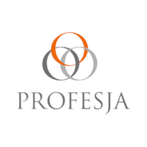 Logo firmy PROFESJA: trzy splecione koła (dwa szare, jedno pomarańczowe) nad nazwą firmy, na białym tle.
