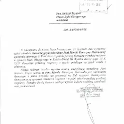 Skan pisma z Sądu Okręgowego w Bielsku-Białej z 28 listopada 2018 roku, zawierającego opinię o tłumaczu języka włoskiego, Pani Monice Katarzynie Makowskiej, oceniającą jej kwalifikacje i pracę...