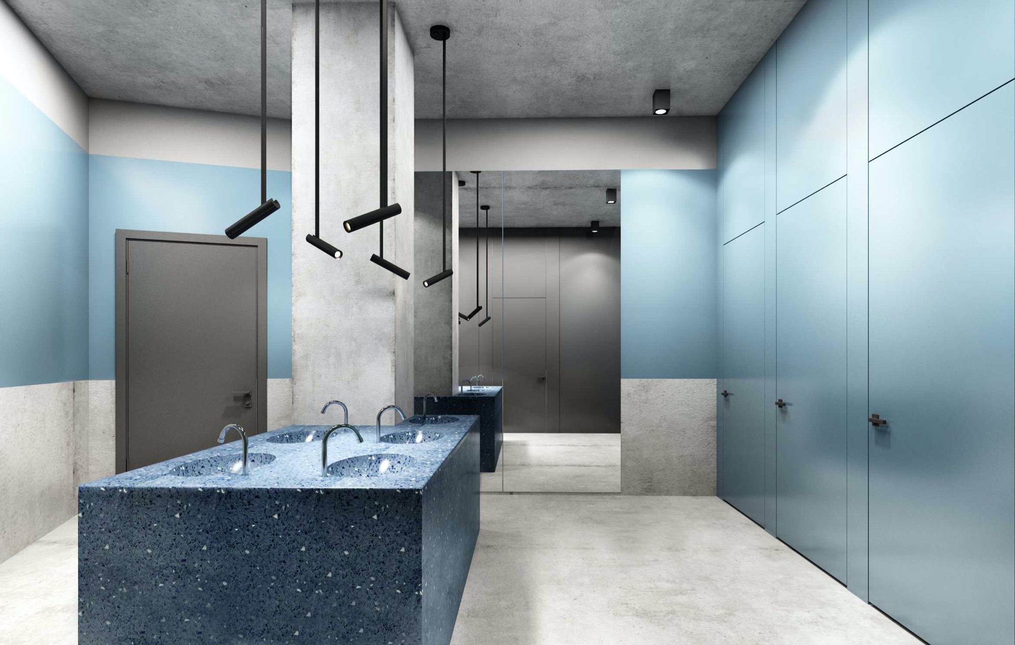 Nowoczesna łazienka publiczna z umywalkami z ciemnego lastryko, minimalistycznymi lampami wiszącymi i niebieskimi ścianami.