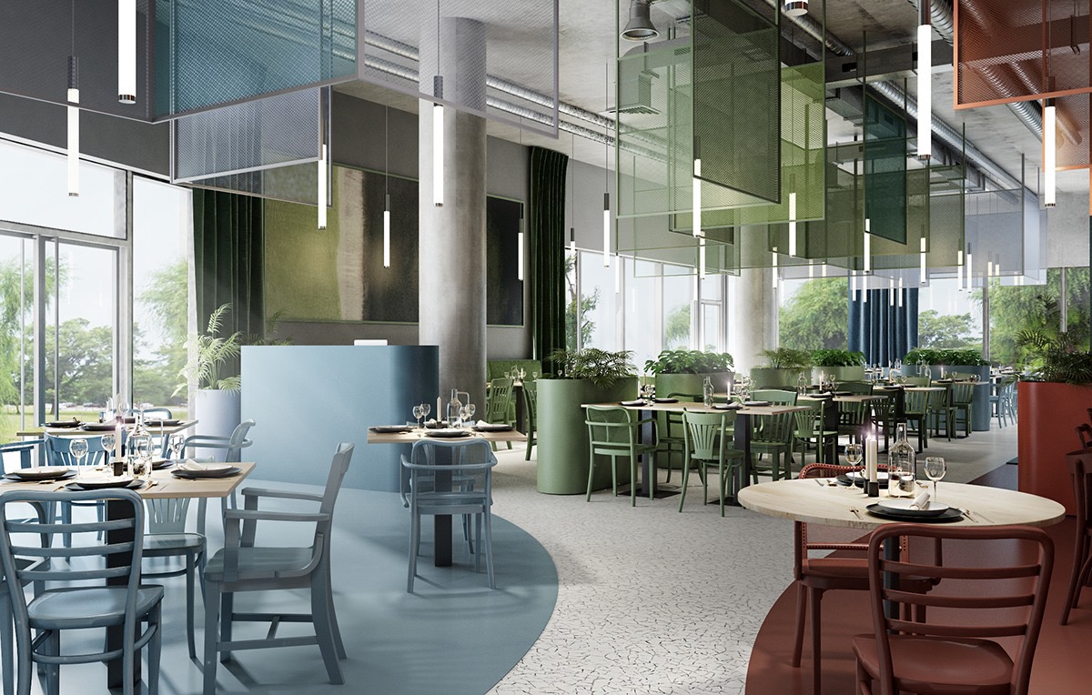 Wnętrze przestronnej restauracji z nowoczesnym designem: kolorowe krzesła, drewniane stoły nakryte zastawą, liczne rośliny doniczkowe i dekoracyjne panele sufitowe z siatki.