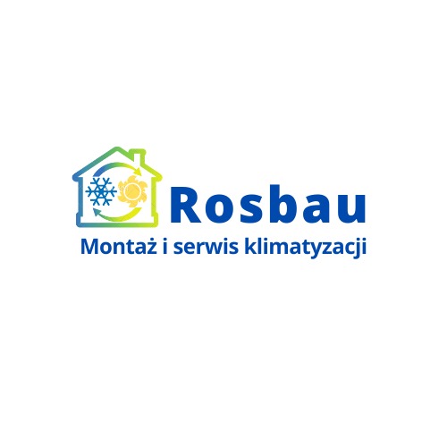 Logo firmy Rosbau z symbolem domu, płatka śniegu i słońca, oferującej montaż i serwis urządzeń chłodzących.