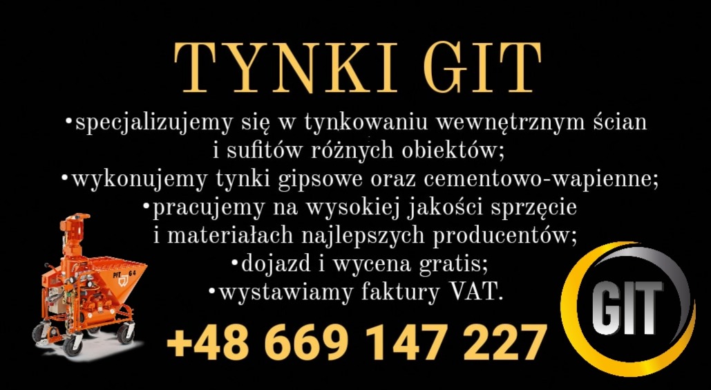 Grafika reklamowa firmy Tynki GIT z pomarańczową maszyną do tynkowania PFT G4, listą usług i numerem telefonu na czarnym tle.