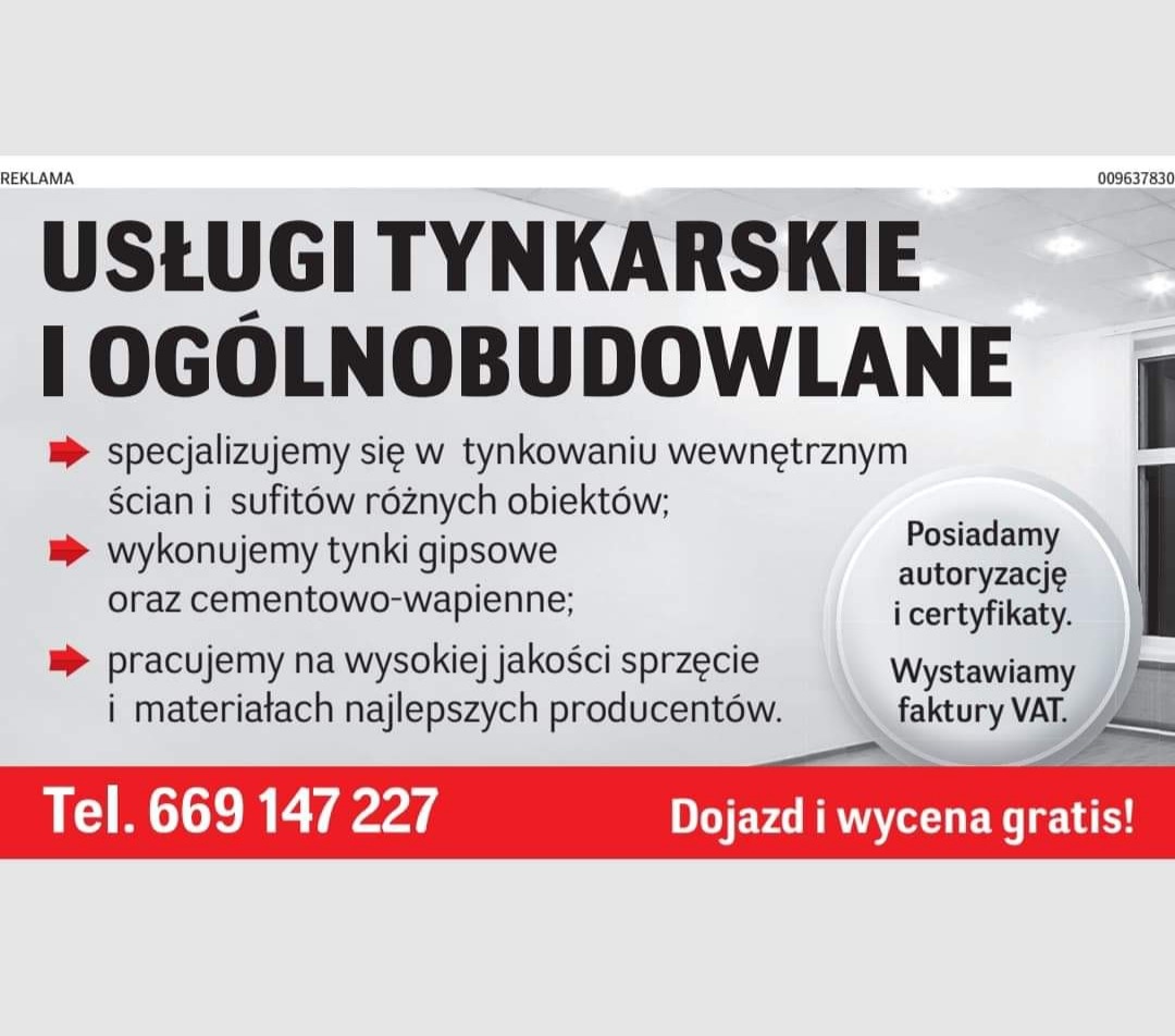 Reklama usług budowlanych: tynkowanie ścian i sufitów, tynki gipsowe i cementowo-wapienne, autoryzacje i certyfikaty, dojazd i wycena gratis, numer telefonu.