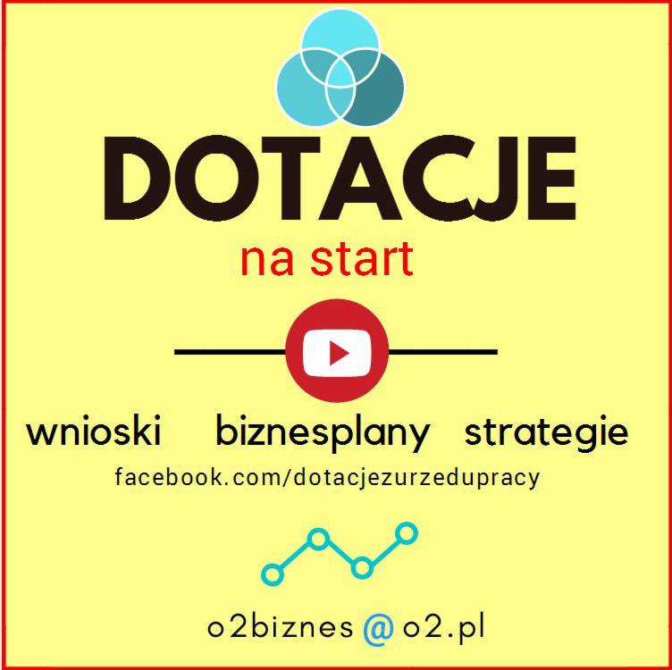 Grafika informacyjna: słowo DOTACJE, hasło 'na start', ikona play w czerwonym kółku, słowa 'wnioski biznesplany strategie', adres facebook.com/dotacjezurzedupracy oraz adres email o2biznes@o2.pl...