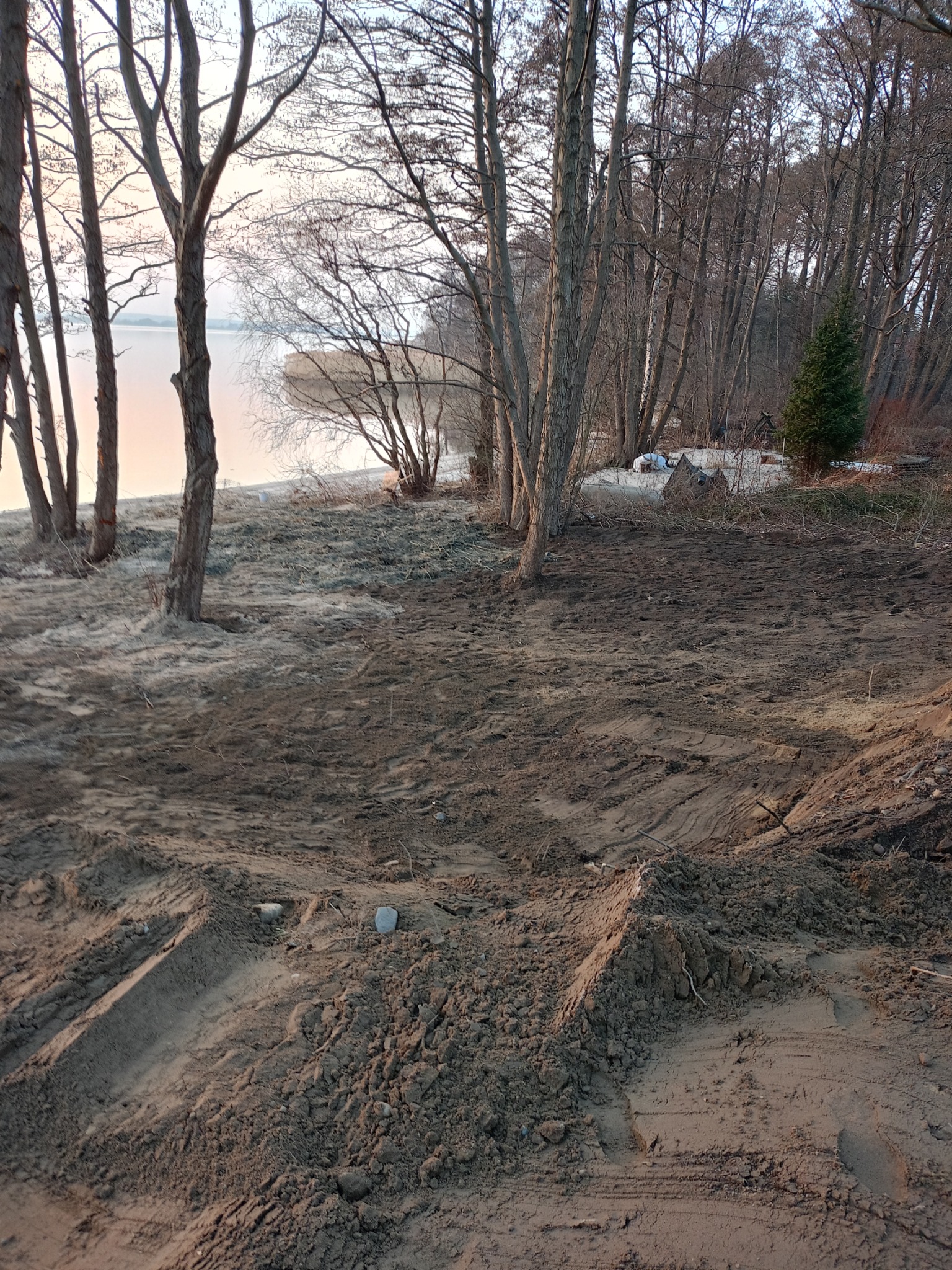 Przybrzeżny teren po pracach ziemnych, widoczne ślady opon i nierówności terenu, w tle jezioro i drzewa.