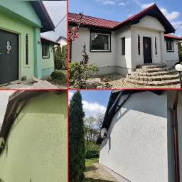 Dwa budynki po odświeżeniu elewacji w odcieniach bieli i pastelowej zieleni, z widocznymi detalami wykończeniowymi, takimi jak czarna stolarka okienna i drzwiowa oraz kamienne schody wejściowe.