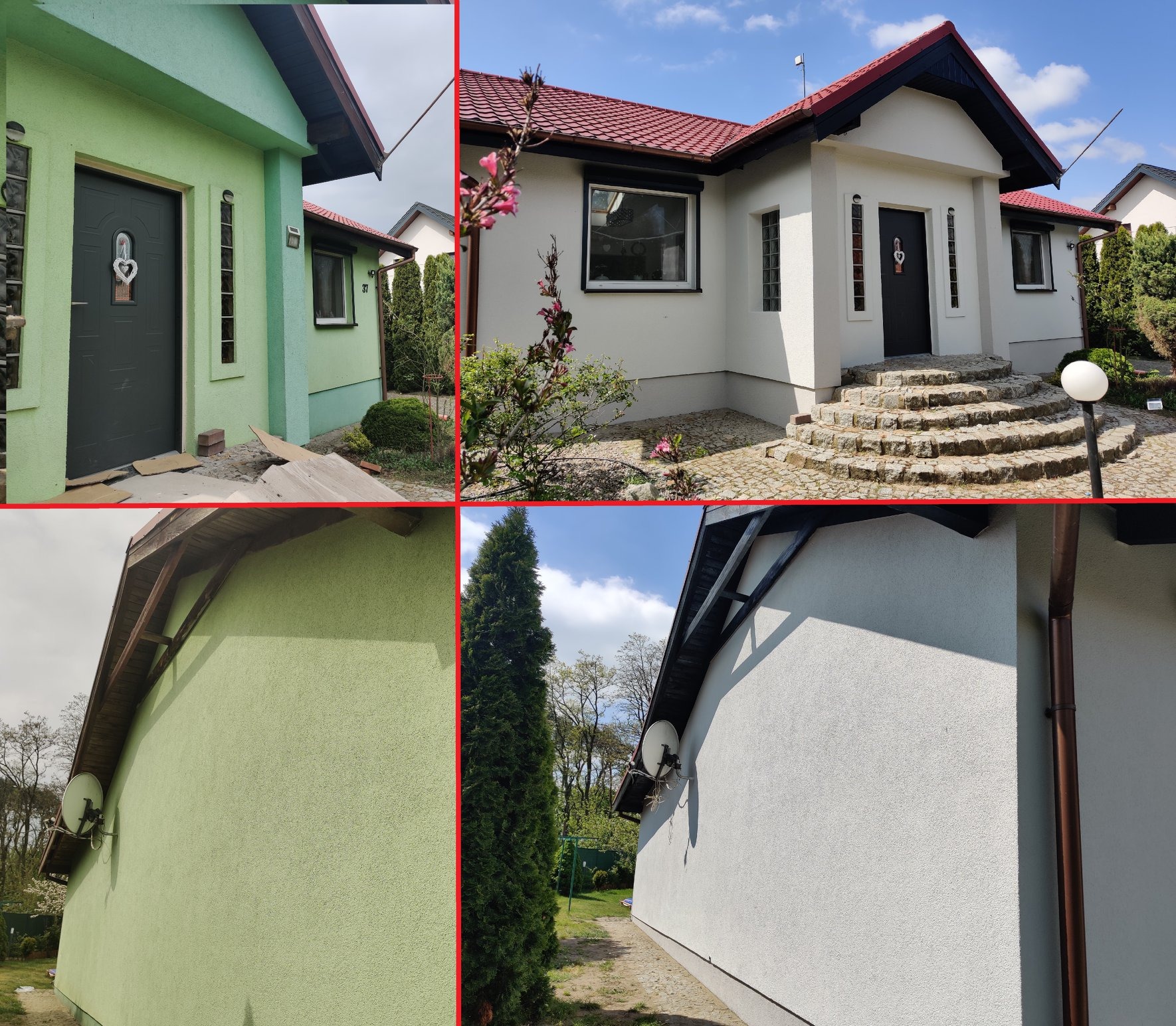 Dwa budynki po odświeżeniu elewacji w odcieniach bieli i pastelowej zieleni, z widocznymi detalami wykończeniowymi, takimi jak czarna stolarka okienna i drzwiowa oraz kamienne schody wejściowe.