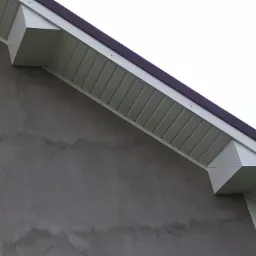 Fragment elewacji budynku z widocznym okapem dachowym z białymi panelami i brązową krawędzią, oraz surową, szarą ścianą zewnętrzną.