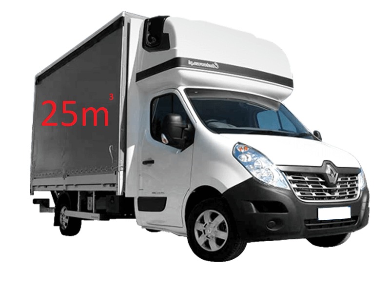 Biały samochód dostawczy Renault z plandeką o pojemności 25m3, widok z boku na białym tle.