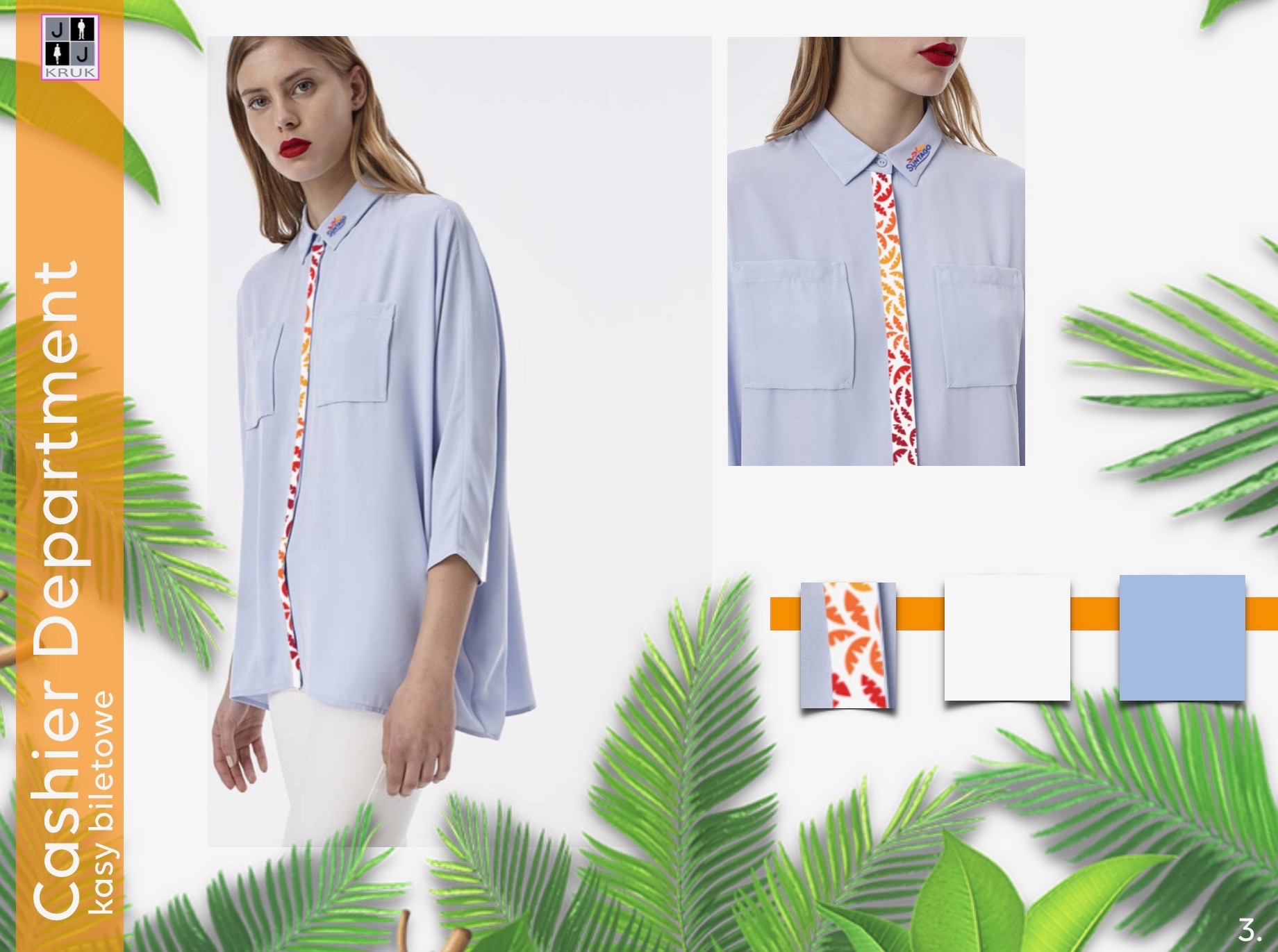 Kobieta prezentuje błękitną koszulę z długim rękawem i kieszeniami, zdobioną pionowym pasem z motywem liści w odcieniach czerwieni i pomarańczy, z detalami graficznymi i palmowymi liśćmi w tle