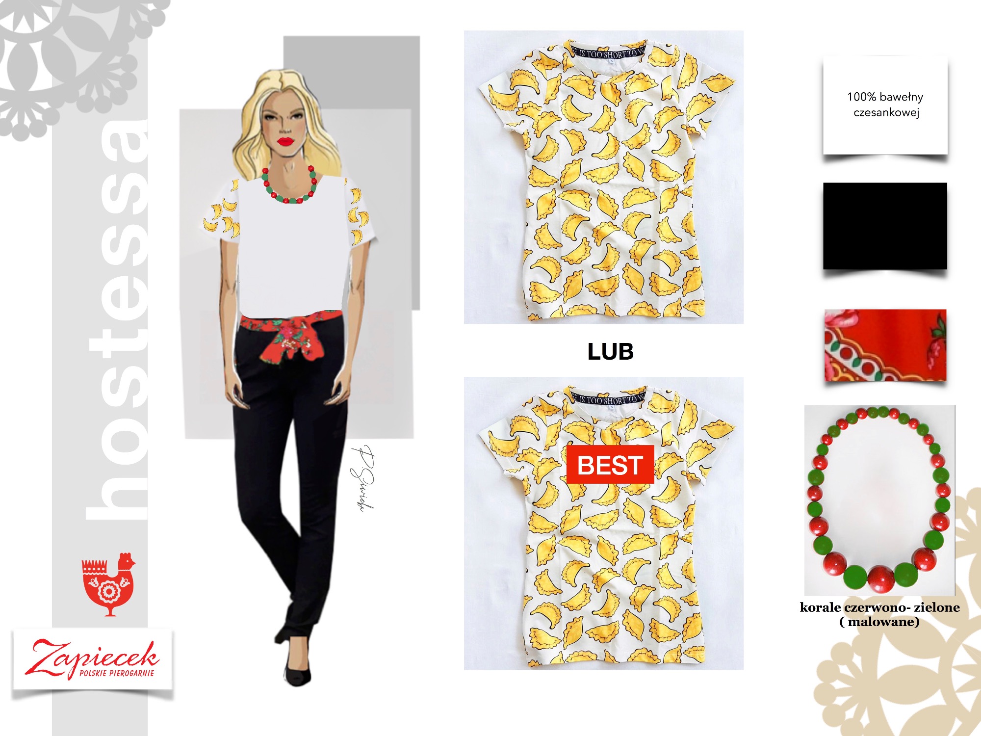 Ilustracja modelki w białej koszulce z nadrukiem pierogów, czarnych spodniach i czerwonym szaliku jako pasku, obok zdjęcia dwóch koszulek z nadrukiem pierogów oraz detali: informacja o bawełnie...