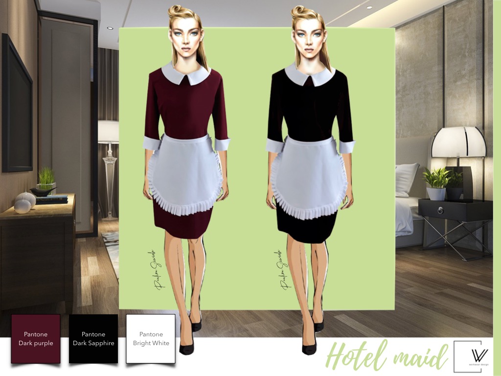 Ilustracja cyfrowa przedstawiająca dwie modelki w stylizowanych uniformach pokojówek hotelowych: jeden w kolorze bordowym z białym kołnierzykiem i fartuszkiem, drugi w czerni z białymi akcentami...
