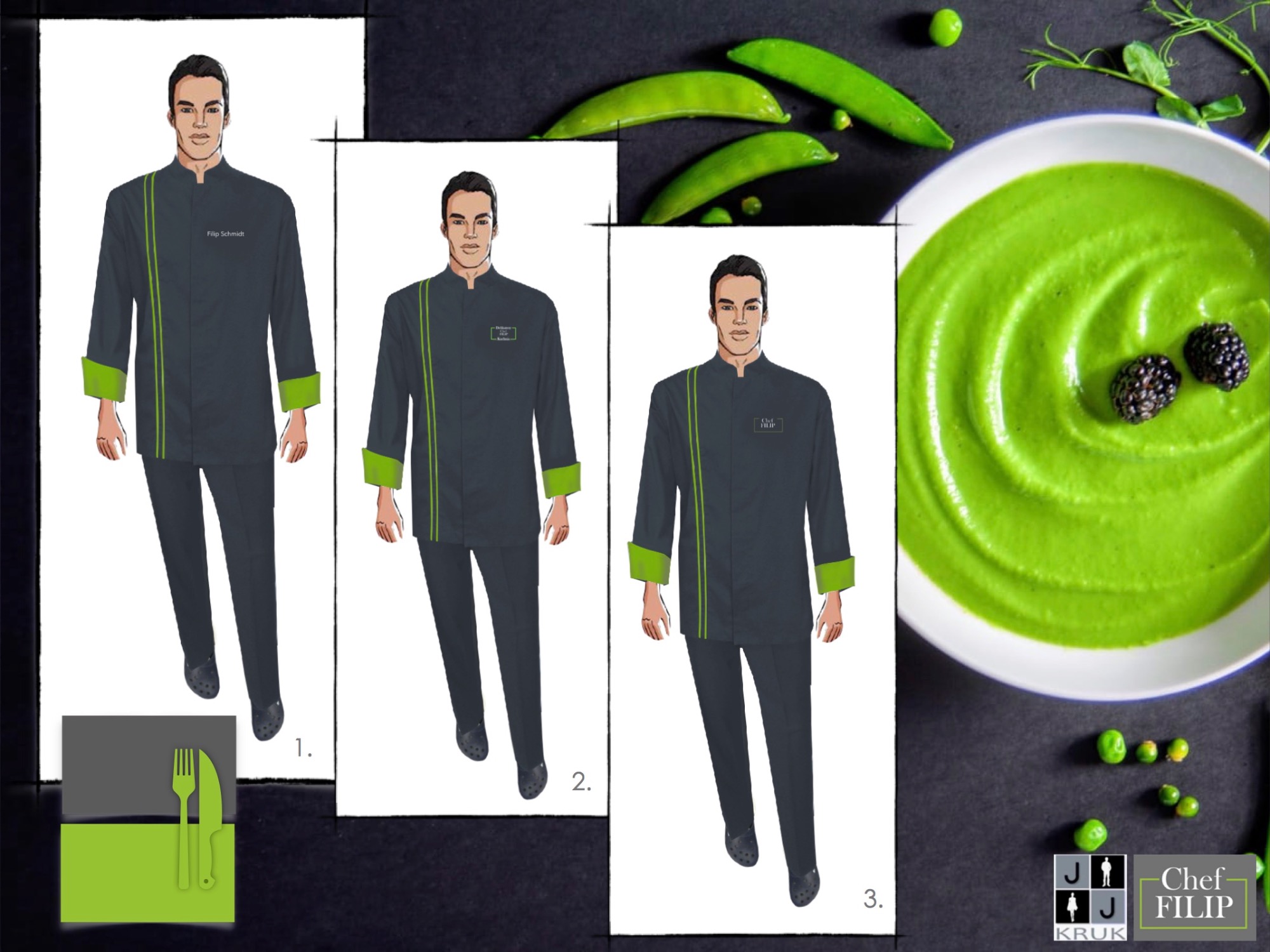Projekt graficzny prezentujący trzy warianty uniformu kucharza w ciemnoszarym kolorze z limonkowymi akcentami, obok zupa krem z groszku z jeżynami i logo firmy.
