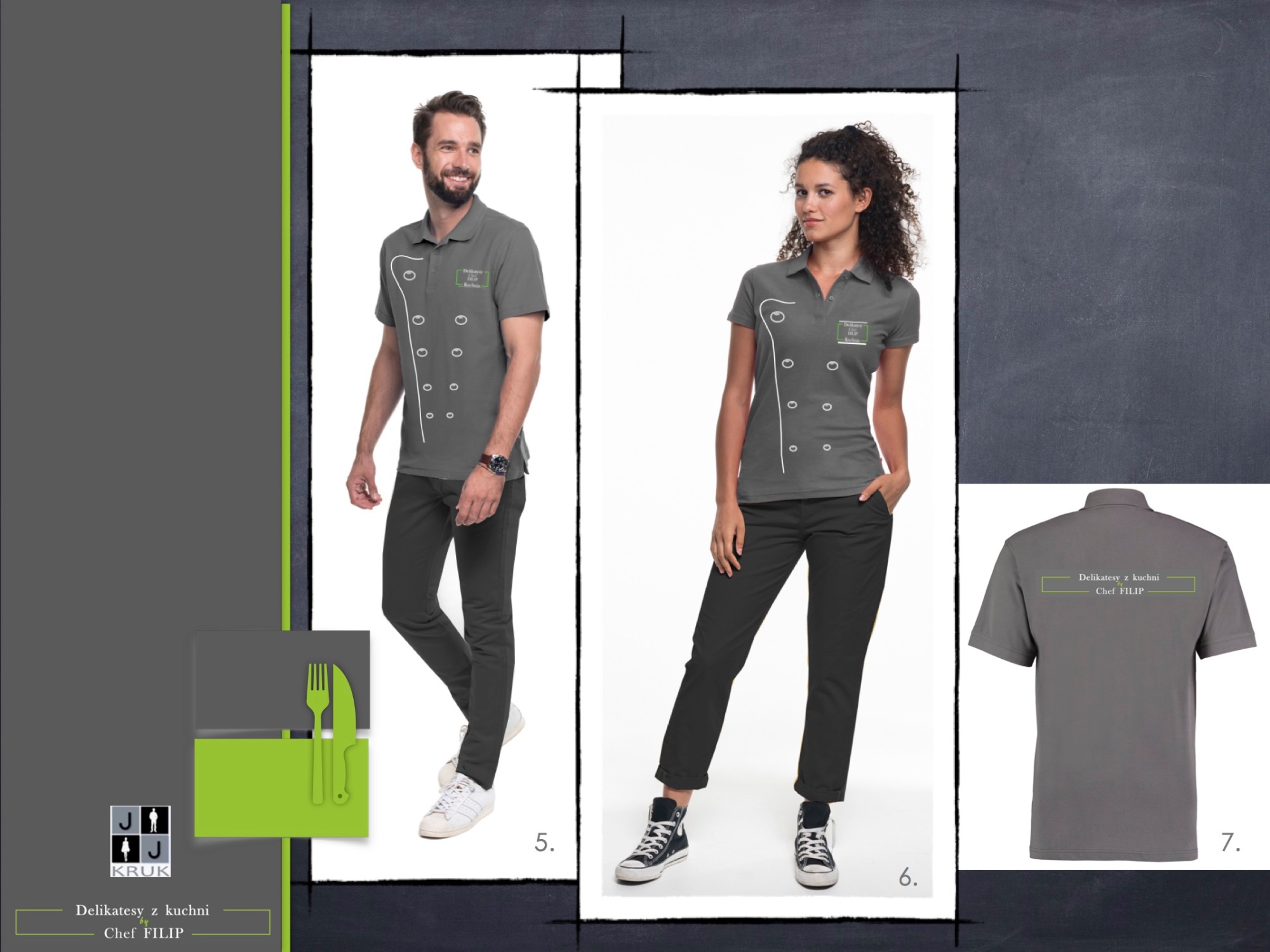 Prezentacja odzieży roboczej dla personelu restauracji: mężczyzna i kobieta w szarych polówkach z logo i motywem kulinarnym, dodatkowo widok koszulki od tyłu i logo firmy.