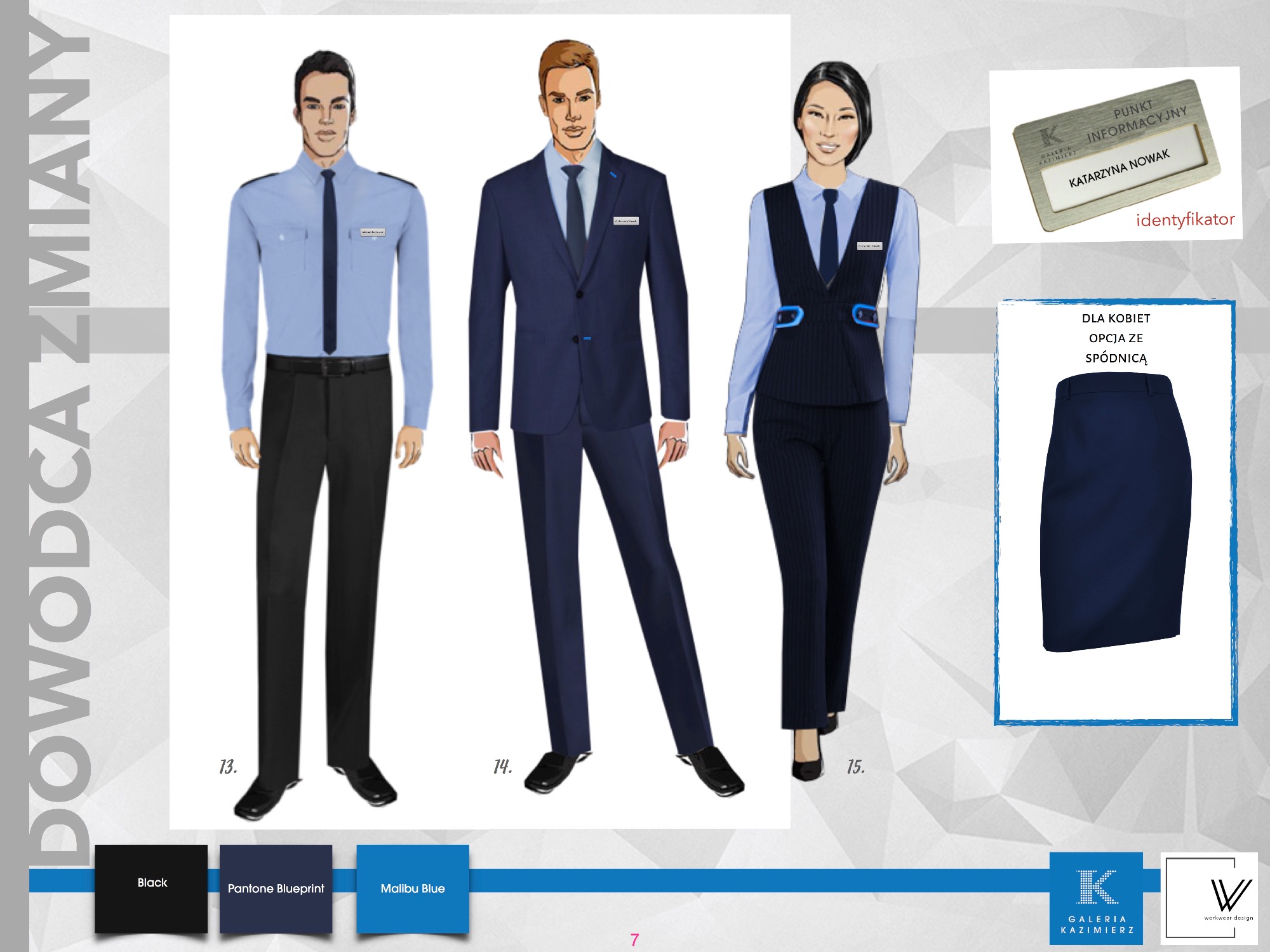 Projekt graficzny prezentujący trzy różne warianty uniformów służbowych: jasnoniebieska koszula z czarnymi spodniami, granatowy garnitur i granatowy komplet damski z kamizelką, uzupełnione...