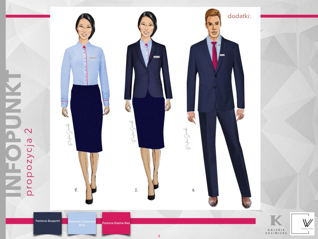 Projekt graficzny prezentujący trzy propozycje stylizacji uniformów: damska koszula i spódnica, damski garnitur ze spódnicą, męski garnitur, w kolorach granatu, błękitu i czerwieni, z paletą barw...