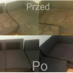 Porównanie stanu narożnika przed i po czyszczeniu: widoczne plamy i zabrudzenia usunięte, ciemna tapicerka odzyskała jednolity kolor.