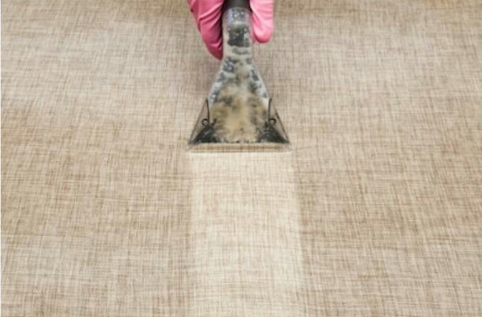 Czyszczenie dywanu beżowym odkurzaczem piorącym, widoczna ręka w różowej rękawicy trzymająca dyszę odkurzacza i pas wyczyszczonej powierzchni.