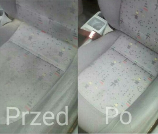 Tapicerka samochodowa fotela z widoczną różnicą przed i po czyszczeniu, wzór w gwiazdki i księżyce, ujęcie z góry.