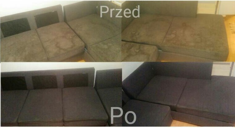 Porównanie stanu narożnika przed i po czyszczeniu: widoczne plamy i zabrudzenia usunięte, ciemna tapicerka odzyskała jednolity kolor.