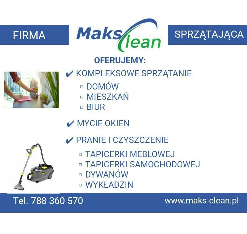 Logo firmy sprzątającej MaksClean z ofertą kompleksowego sprzątania domów, mieszkań i biur, mycia okien oraz prania tapicerki meblowej i samochodowej, dywanów i wykładzin. Widoczne zdjęcie osoby...