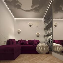Sofiamiro - Nowoczesny pokój z narożną sofą w odcieniach fioletu, drewnianą podłogą w jodełkę, dekoracyjnymi lampami ściennymi i lustrzaną szafą z półkami, na suficie grafika przedstawiająca dłonie.