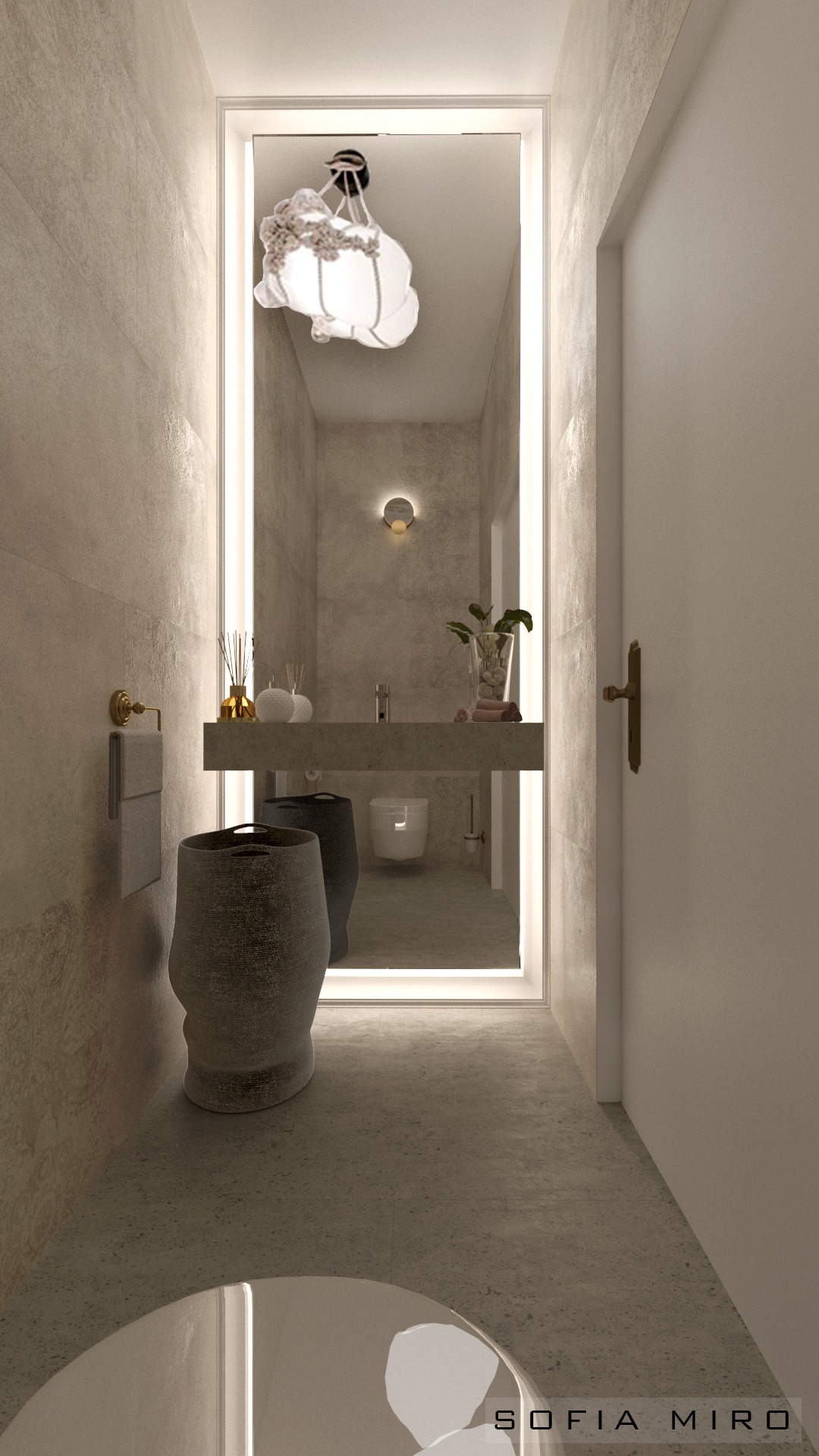 Wizualizacja wąskiej łazienki z podświetlanym lustrem, betonową umywalką, dekoracyjnymi koszami i designerską lampą sufitową.