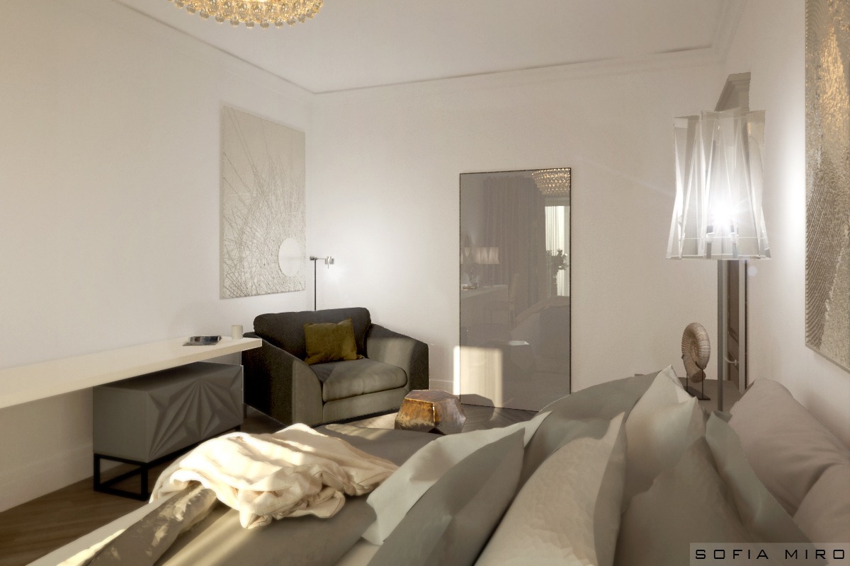 Nowoczesna sypialnia z przesuwną, lustrzaną szafą w zabudowie, szarym fotelem i dekoracyjną lampą podłogową.