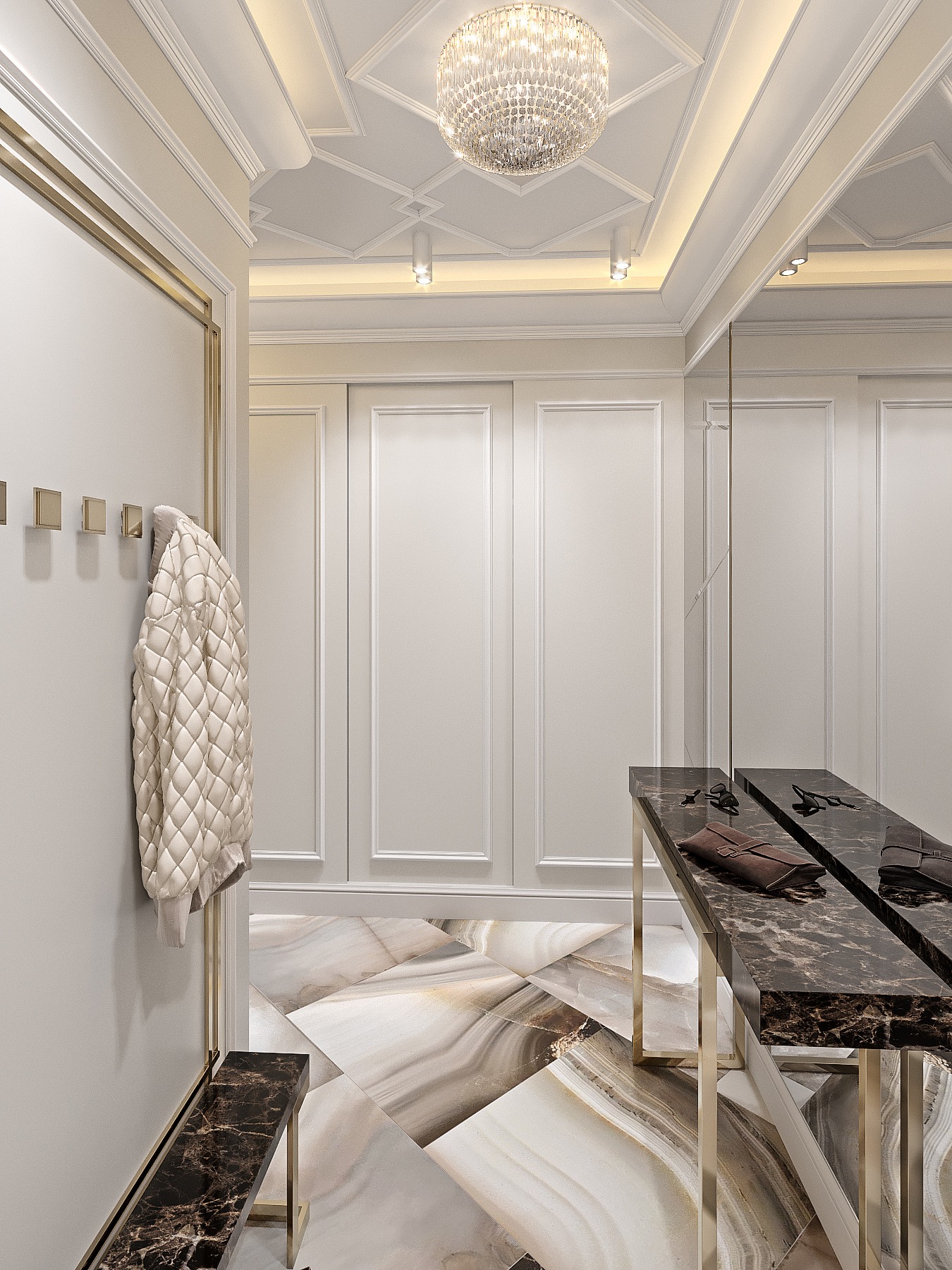 Elegancki przedpokój z szafą wnękową, marmurową posadzką i konsolą, oświetlony kryształowym żyrandolem.