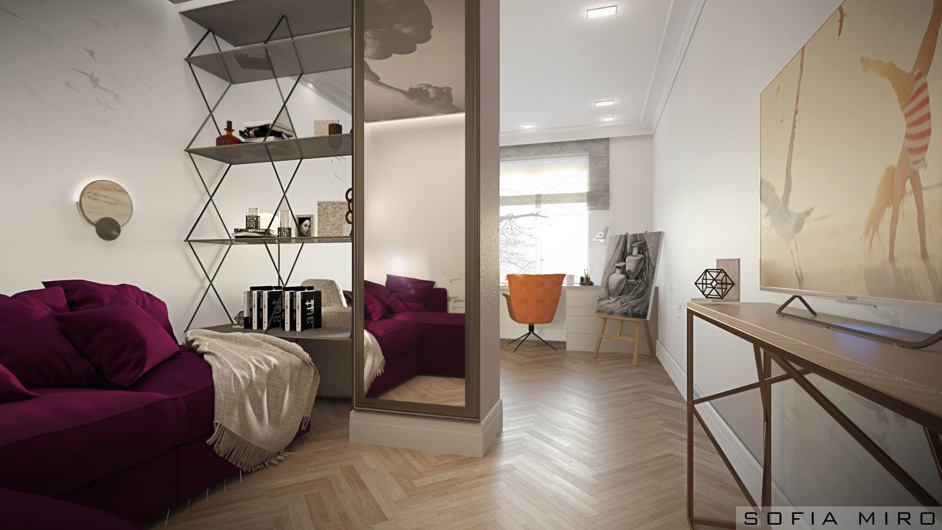 Wnętrze pokoju z fioletową sofą, regałem z metalowymi wspornikami, lustrem w ramie i telewizorem z obrazem plażowym, widok na biurko z pomarańczowym krzesłem.