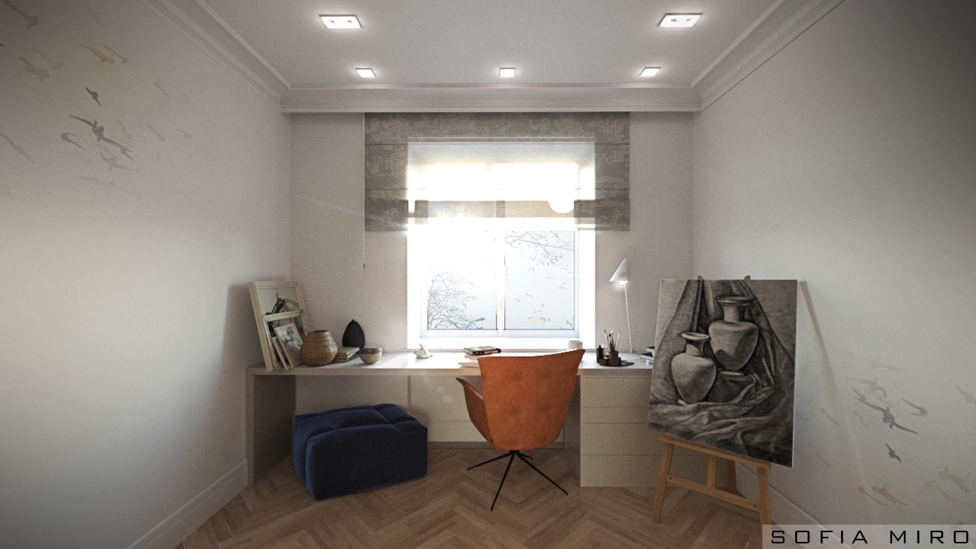 Jasny pokój z biurkiem pod oknem, pomarańczowe krzesło obrotowe, niebieski puf, na ścianie dekoracja z motywem ptaków, sztaluga z rysunkiem wazonów.