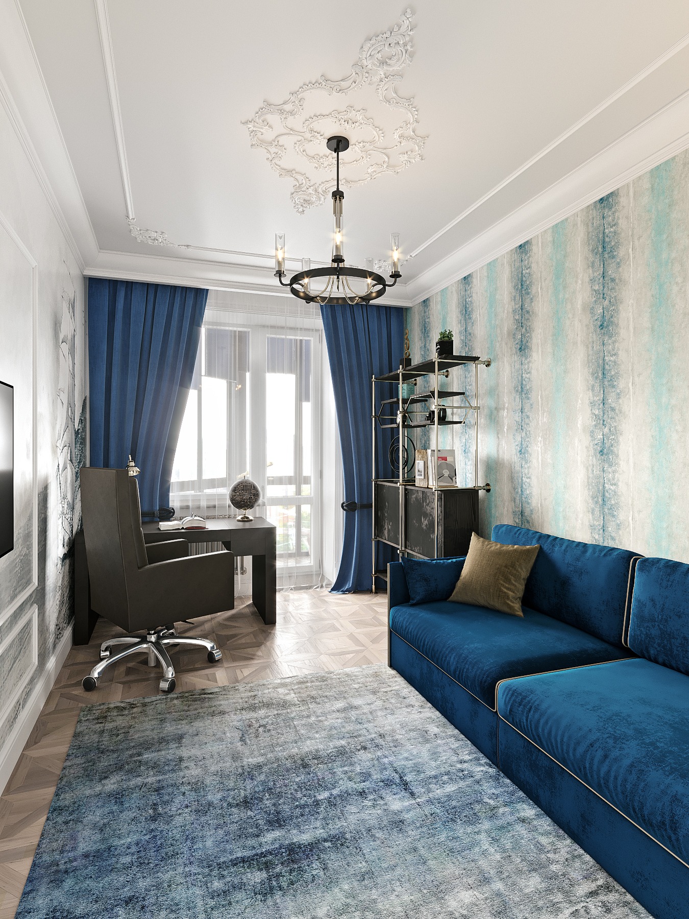 Aranżacja gabinetu w Warszawie: niebieska sofa z weluru, biurko z krzesłem na tle okna z zasłonami, regał na książki i dywan w odcieniach szarości i błękitu.