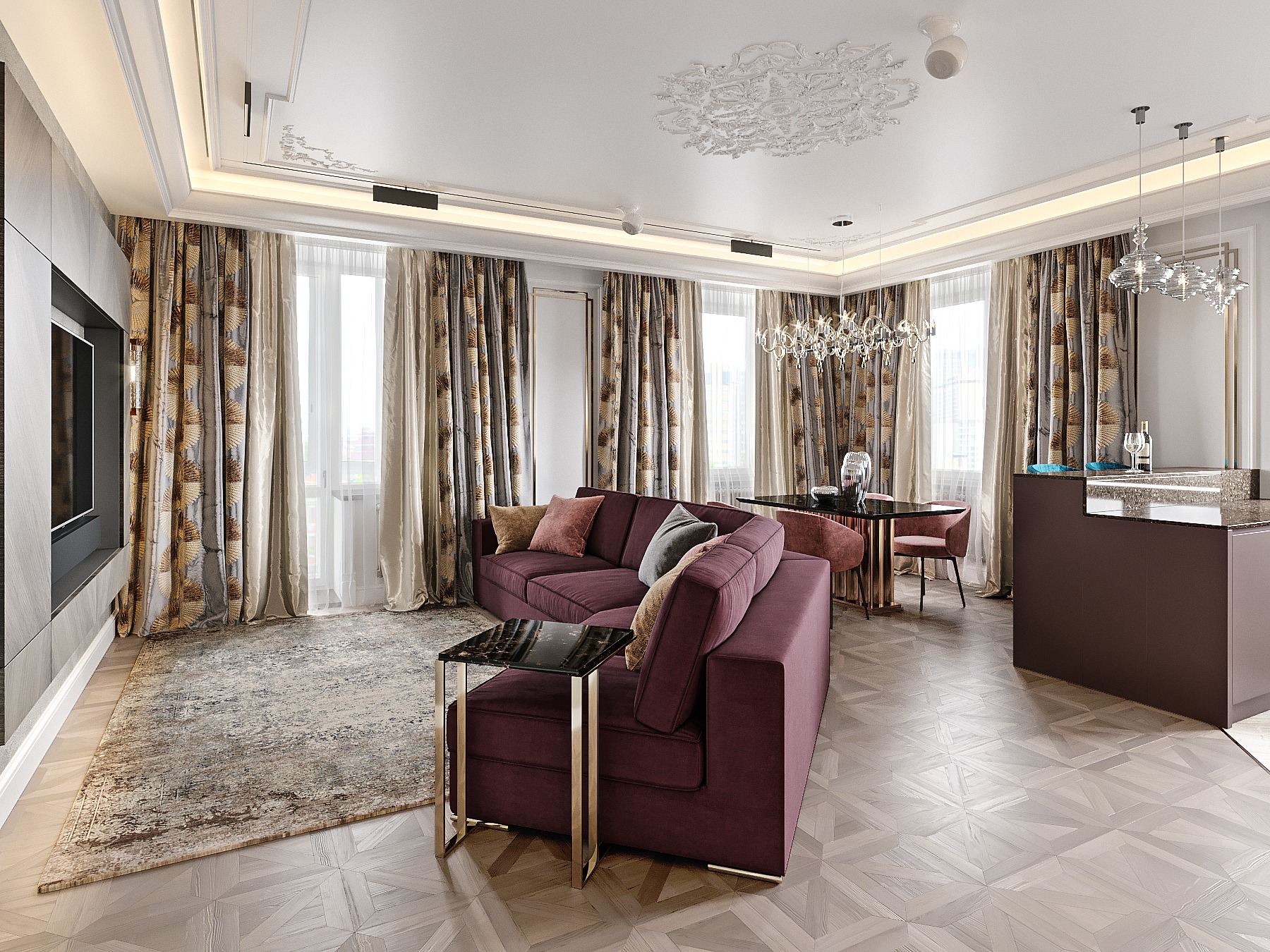 Elegancki salon z narożną sofą w kolorze burgundowym, wzorzystymi zasłonami i dekoracyjnym sufitem w stylu glamour.