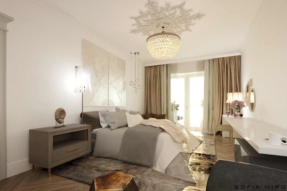 Elegancka sypialnia w jasnych barwach z dekoracyjnym oświetleniem sufitowym, łóżkiem z szarą pościelą i stolikiem nocnym z dekoracją w kształcie muszli.