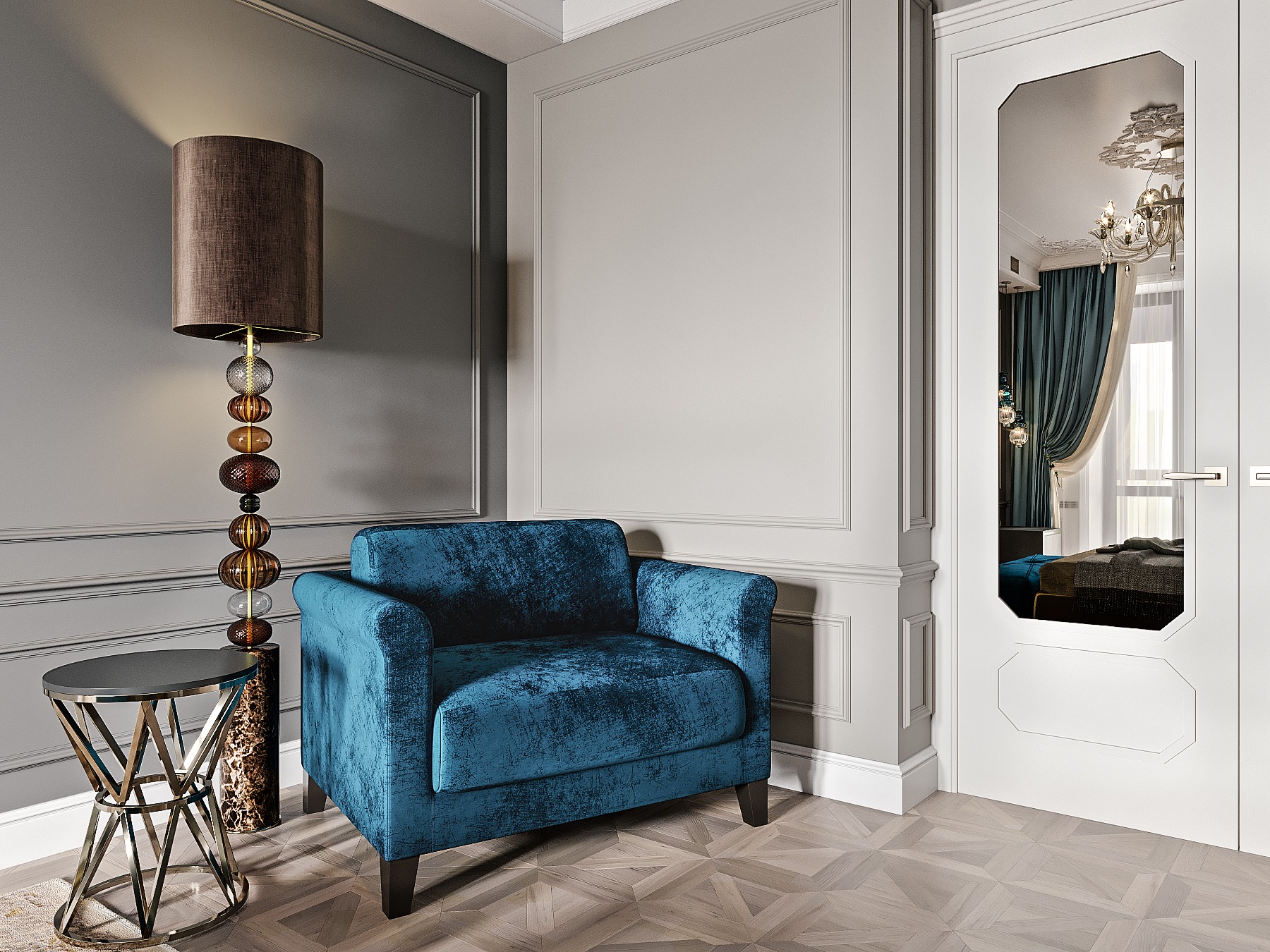 Turkusowy fotel welurowy w aranżacji wnętrza z szarą ścianą, ozdobnym stolikiem kawowym i lampą podłogową, z widocznym odbiciem sypialni w lustrzanych drzwiach.