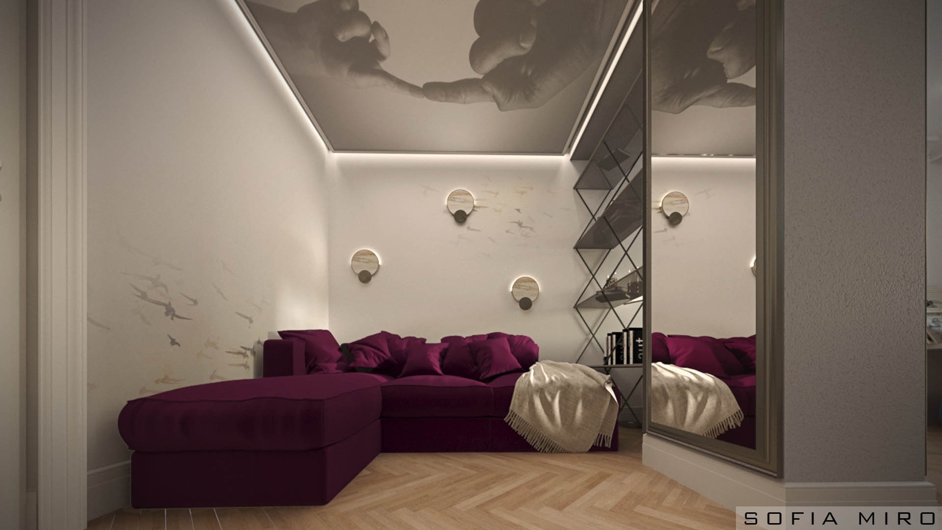Nowoczesny pokój z narożną sofą w odcieniach fioletu, drewnianą podłogą w jodełkę, dekoracyjnymi lampami ściennymi i lustrzaną szafą z półkami, na suficie grafika przedstawiająca dłonie.