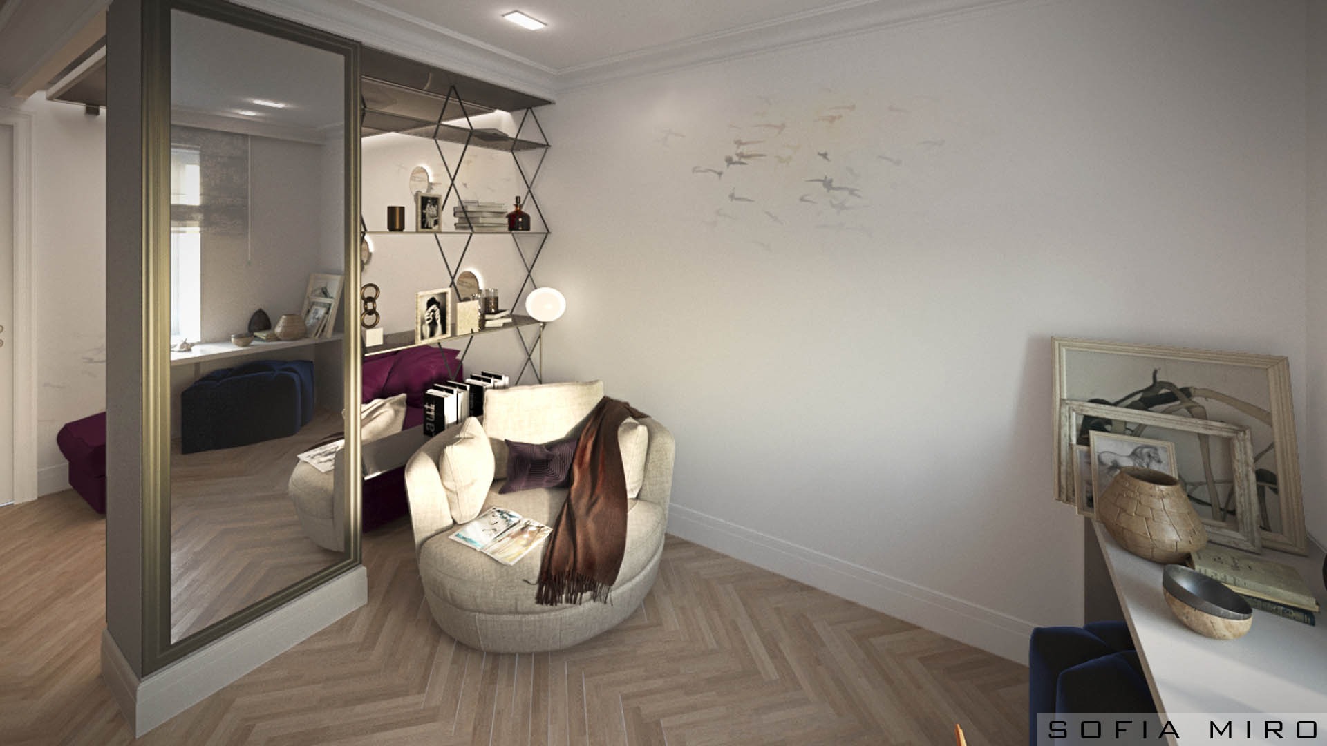 Nowoczesna szafa wnękowa z lustrzanymi drzwiami przesuwnymi, odbijająca fragment pokoju z fotelem i regałem, na podłodze parkiet ułożony w jodełkę.