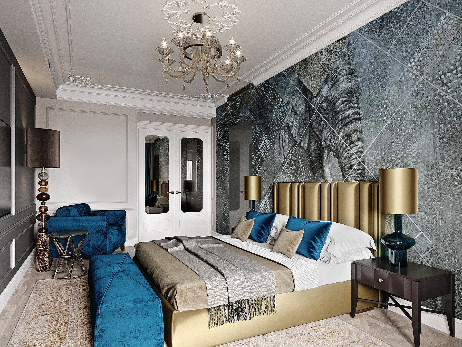 Elegancka sypialnia z tapetą z motywem słonia, złotym łóżkiem z pikowanym zagłówkiem, turkusowymi akcentami i ozdobnym żyrandolem.