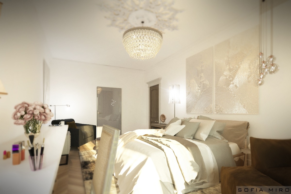 Jasna sypialnia z kryształowym żyrandolem, toaletką z kwiatami i beżowymi tekstyliami.