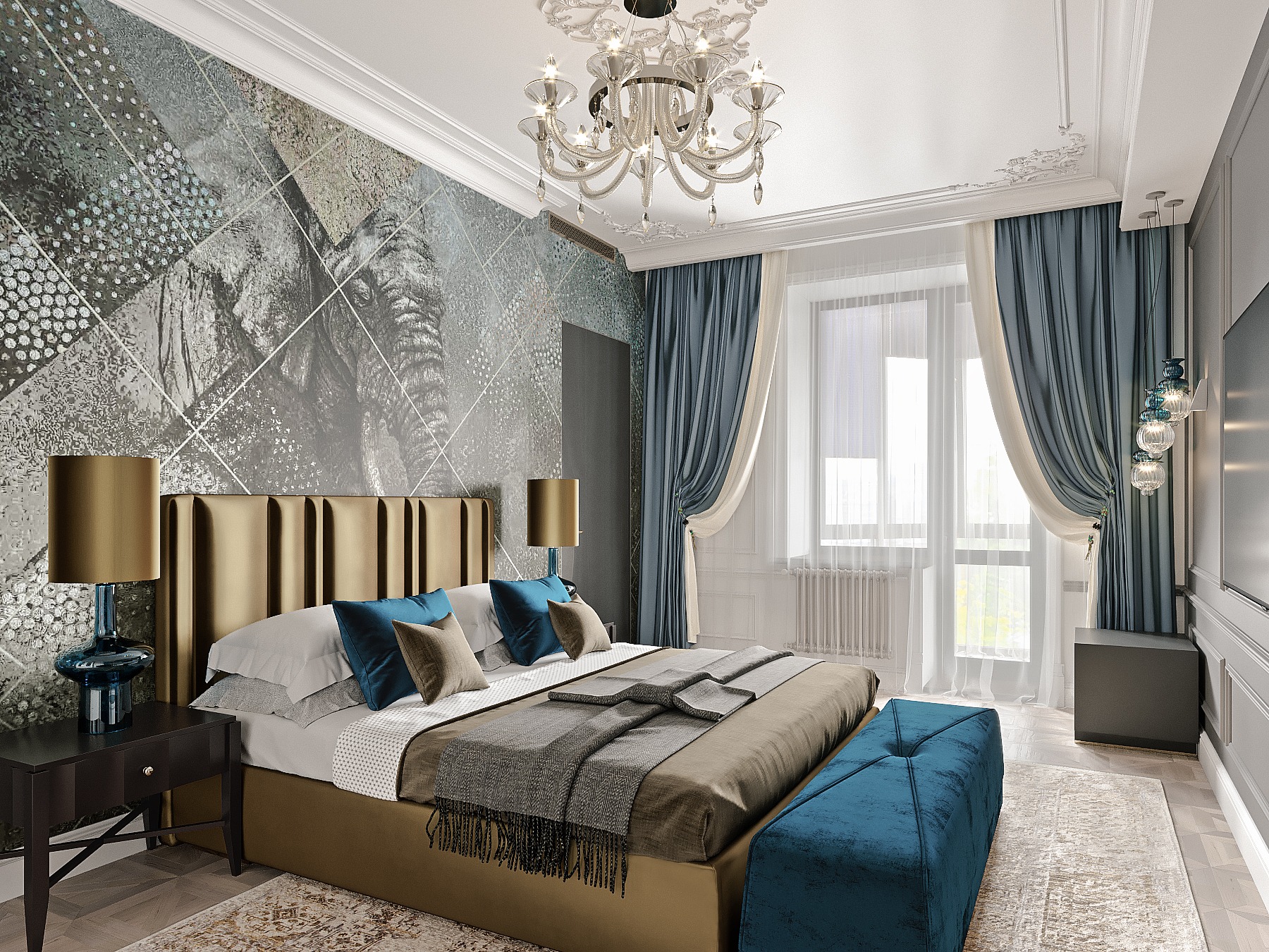 Nowoczesna sypialnia z tapetą z motywem słonia, łóżkiem z welurowym zagłówkiem i błękitnymi akcentami, w tym pufą i poduszkami.