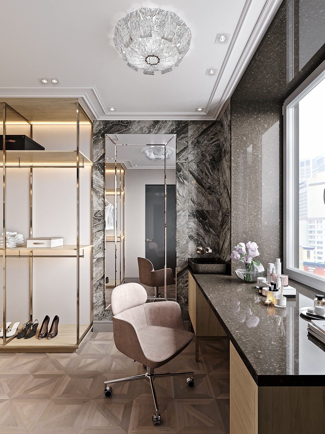 Przestronna garderoba z otwartą szafą z oświetleniem LED, toaletką z ciemnym blatem i krzesłem na kółkach, marmurowe ściany i parkiet w geometryczny wzór.