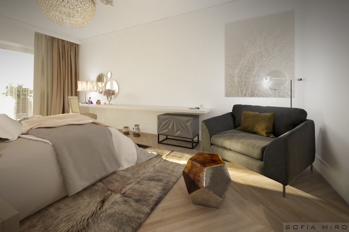 Elegancka sypialnia z łóżkiem, designerskim stolikiem nocnym w kształcie bryły i minimalistyczną komodą na tle jasnych ścian i drewnianej podłogi.