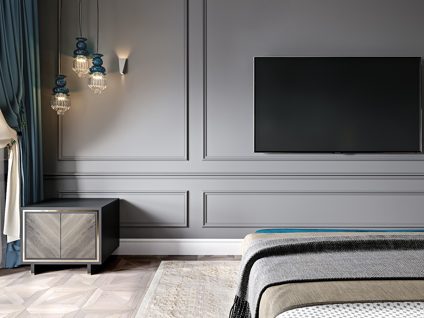 Nowoczesna szafka nocna z dwuskrzydłowymi drzwiami o wzorze jodełki, umieszczona obok łóżka z narzutą w odcieniach szarości i beżu, na tle szarej ściany z dekoracyjnymi panelami i wiszącym...