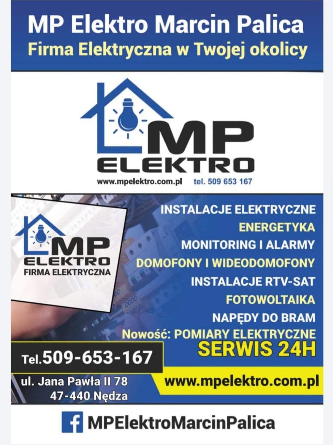 Reklama firmy MP Elektro Marcin Palica oferującej usługi elektryczne, energetyczne, alarmowe, montaż domofonów i wideodomofonów, instalacje RTV-SAT, fotowoltaikę, napędy do bram oraz pomiary...
