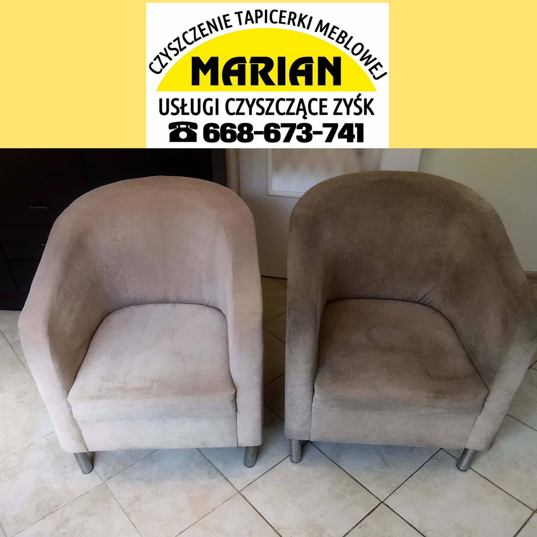 Dwa fotele klubowe przed i po czyszczeniu tapicerki, widoczne różnice w kolorze i czystości, logo firmy czyszczącej w tle.